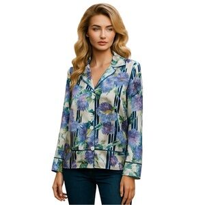 J.Crew Floral Satin Vtg Blouse Top L Silky Button Down Shirt Chrysanthemum Print